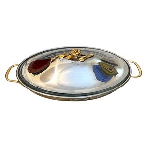 ONEIDA Stainless Steel Lidded Gold Rose Casserole Serving Dish W/Glass Insert‎